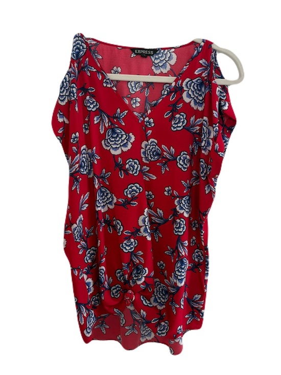 Express Tops - Express Red Floral V-Neck Cold Shoulder Blouse with Blue-White Print